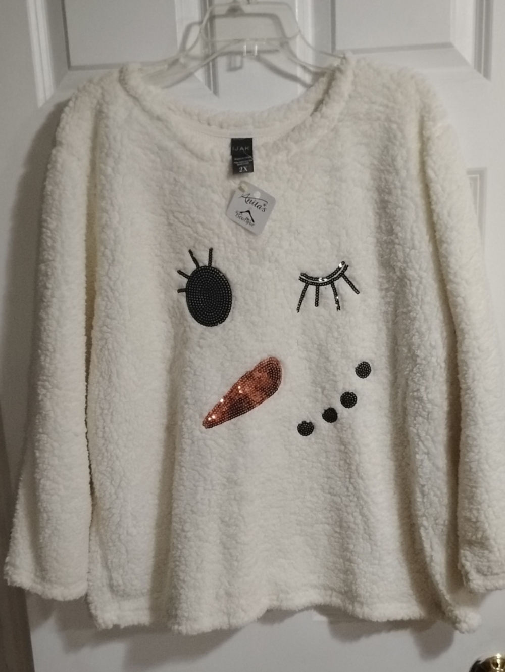 IJAK Cream Sherpa Crewneck Sweater with Sequin Face